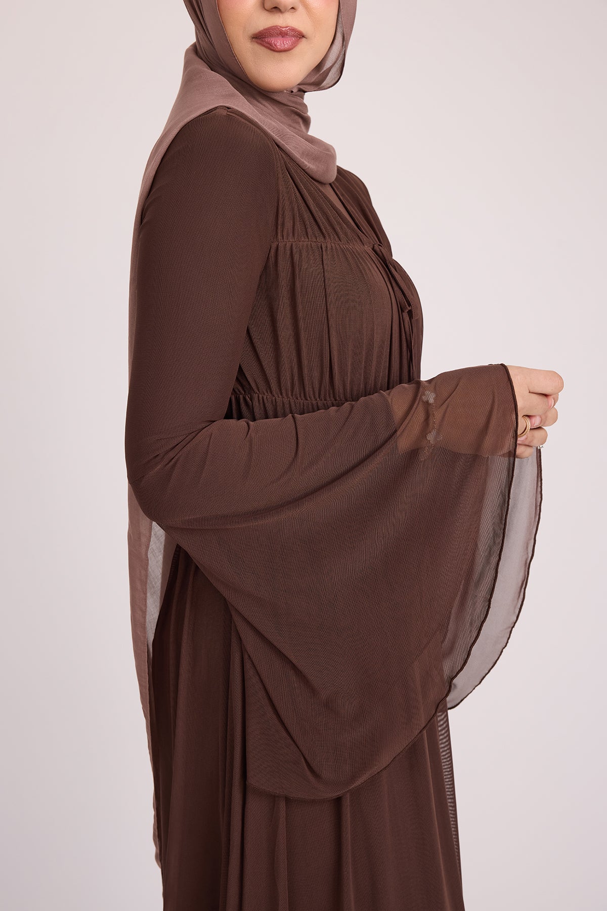 Hanadi Mesh Maxi Dress for Women - Elegant Brown Long Flowy Dress for Summer, Beach, Parties & Special Occasions