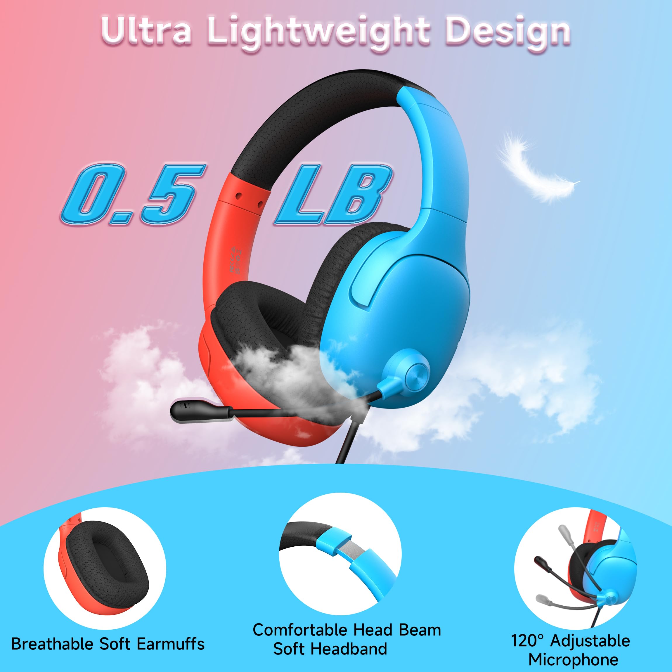 Best Wireless Gaming Headset for Nintendo Switch/Lite/OLED - Noise Cancelling Headphones with Mic for Fortnite, Sports & Online Gaming (Red/Blue) - Perfect for Competitive Play & Long Gaming Sessions