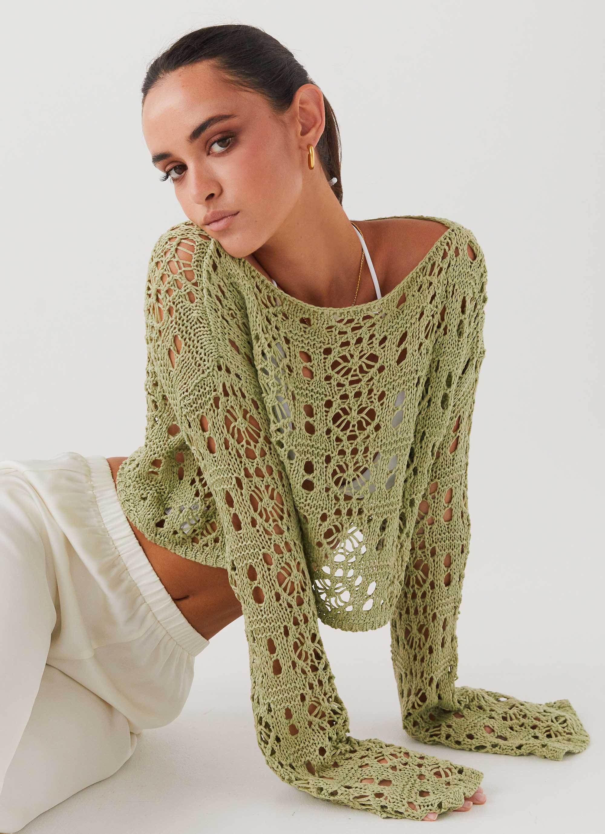 Free Mind Crochet Long Sleeve Top - Light Olive | Boho Chic Lace Knit Shirt for Women | Perfect for Spring Outfits, Beach Coverups & Date Nights