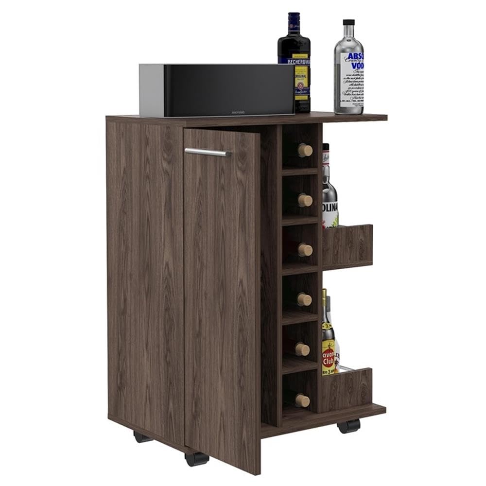 BOWERY HILL Contemporary Bar Cart Cabinet in Weathered Oak - Modern Rolling Drink Cart for Home Bar, Living Room & Outdoor Entertaining