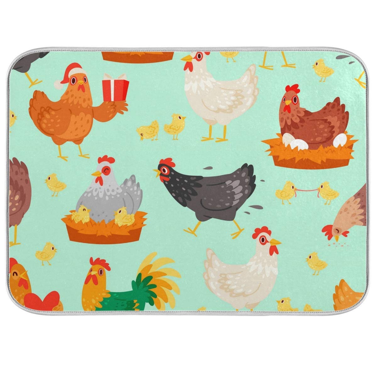 Microfiber Dish Drying Mat 16x18 Inch - Absorbent Chicken Design for Kitchen Counter - Perfect for Dishes & Utensils