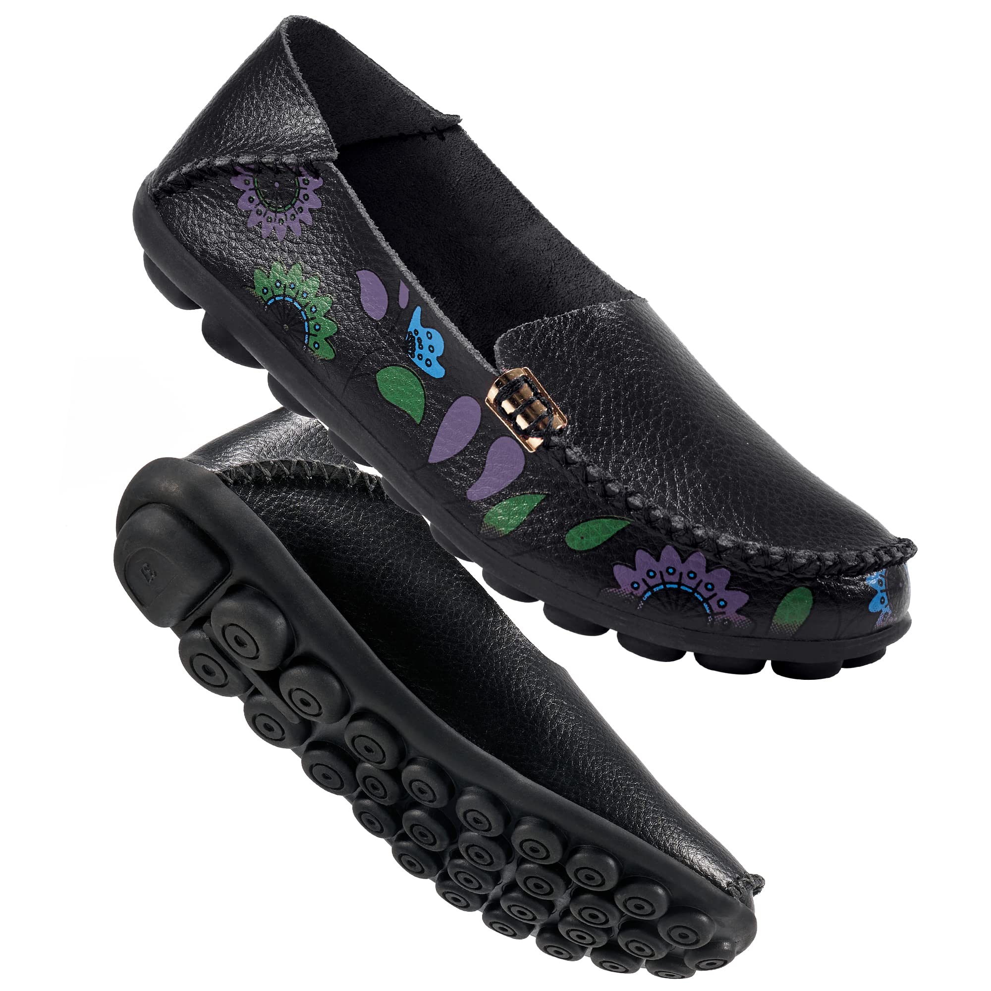 Women's Leather Floral Print Loafers - Slip On Driving Moccasins for Casual Comfort | Perfect for Outdoor Walking, Work & Everyday Wear