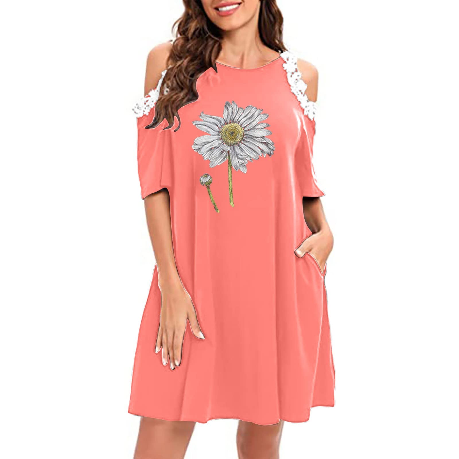 Women's Casual Cold Shoulder T-Shirt Dress - Short Sleeve Lace Patchwork Floral Print Mini Dress with Round Neck | Perfect for Summer Outfits, Beach Wear, Date Nights and Casual Parties