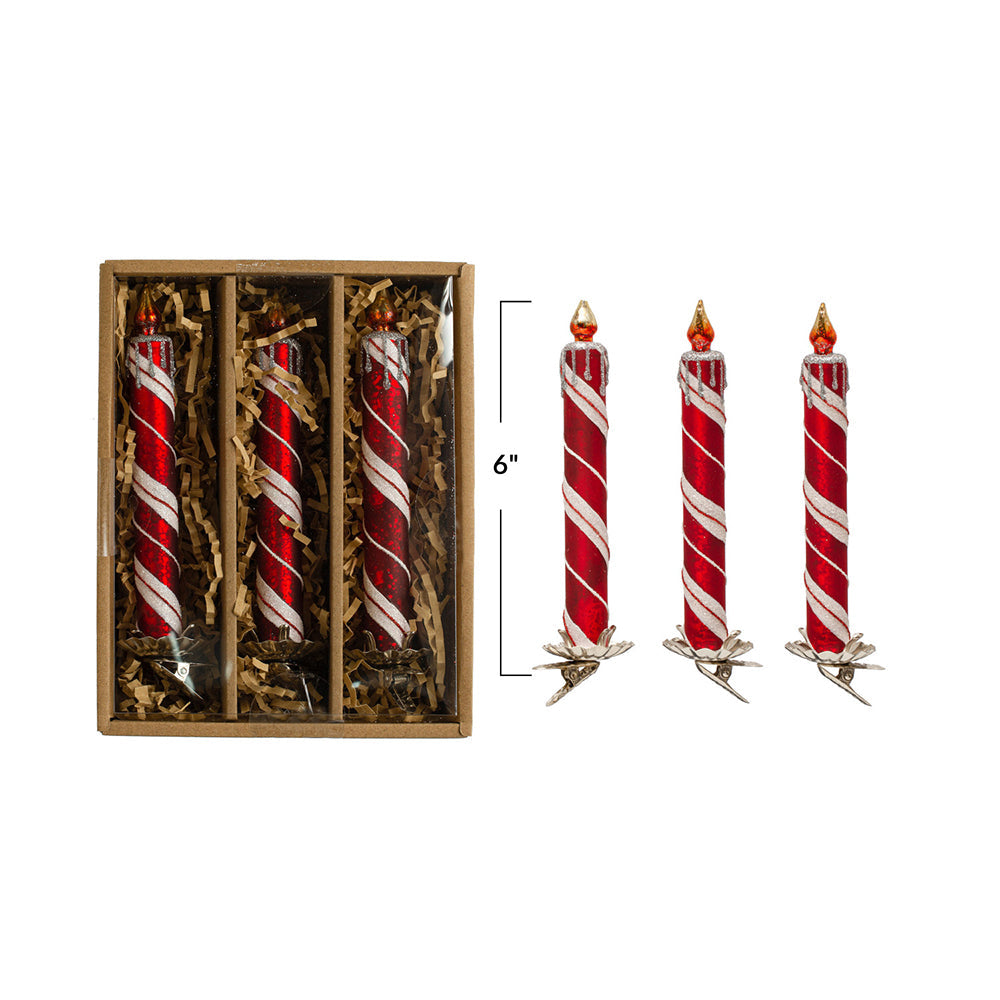 6H Glass Candle Clip-On Ornaments with Glitter - Red & White Holiday Decor - Set of 3 for Christmas Tree, Fireplace & Gift Giving - by Creative Co-Op