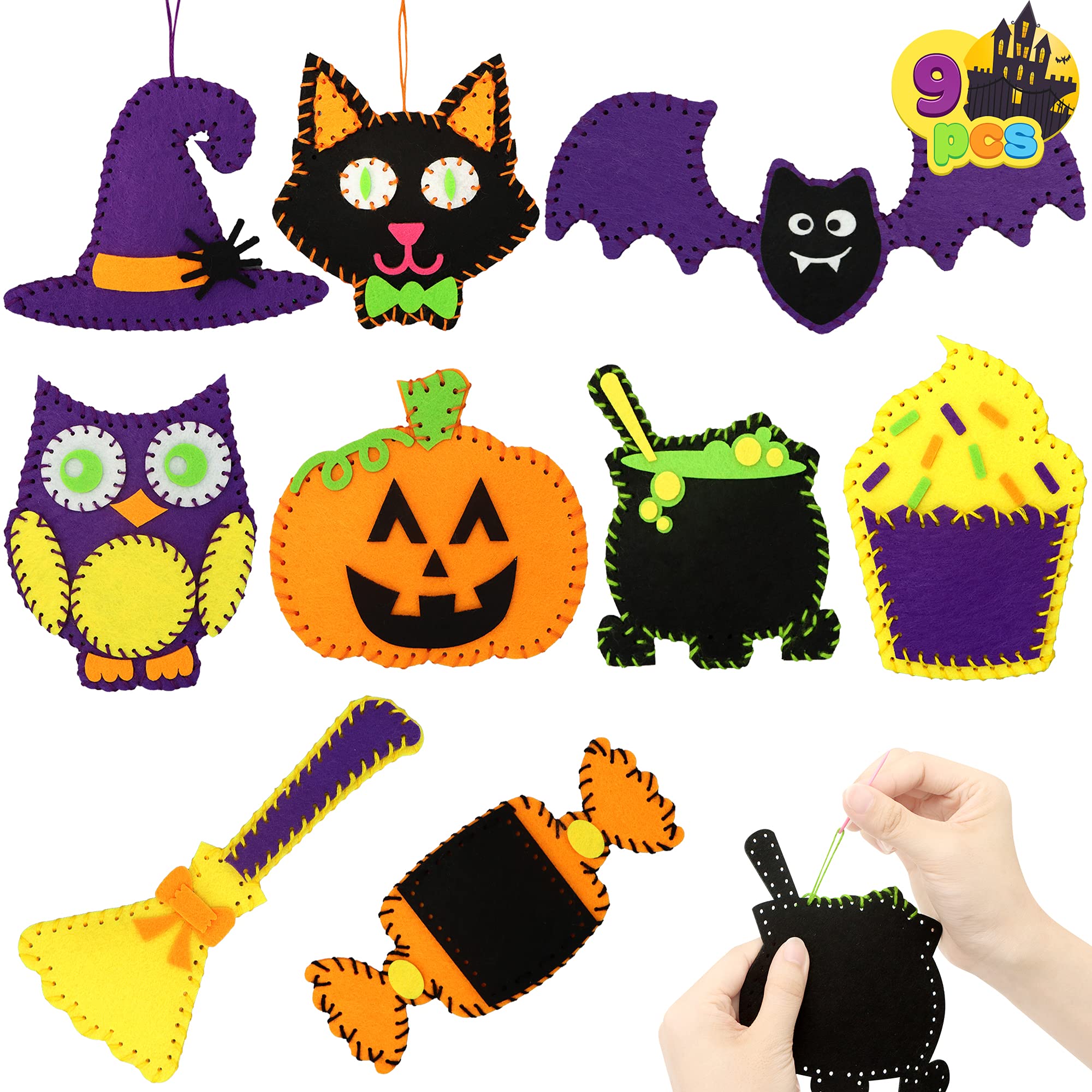 JOYIN 9 Pcs Halloween DIY Sewing Craft Kit for Kids - Felt Ornaments, Art & Craft Set, Trick or Treat Party Favors, Classroom Activities & Home Decorations