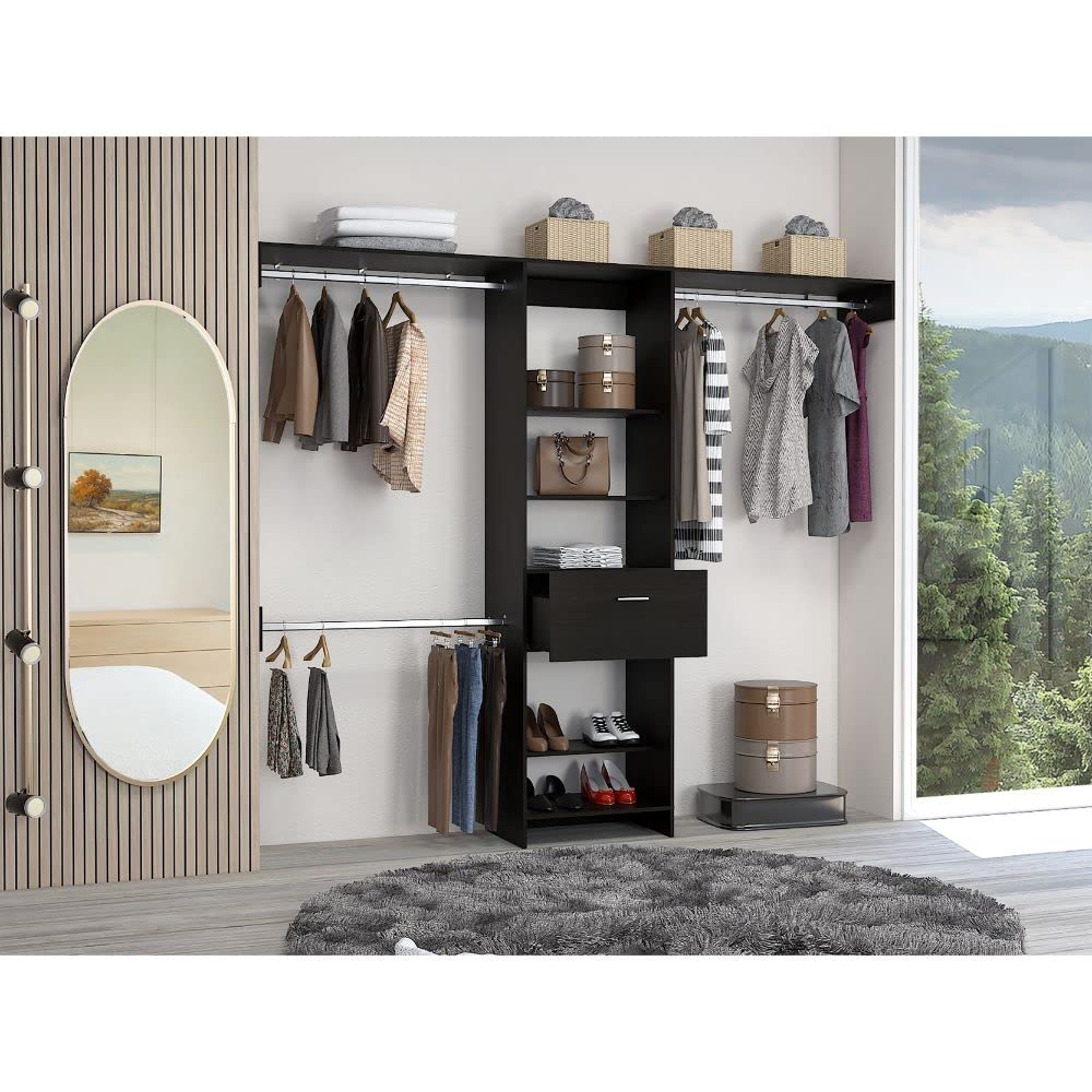 Brisk Closet System with 1 Drawer, 3 Metal Rods & 5 Open Shelves - Black | Space-Saving Storage Solution for Bedroom, Closet & Office Organization