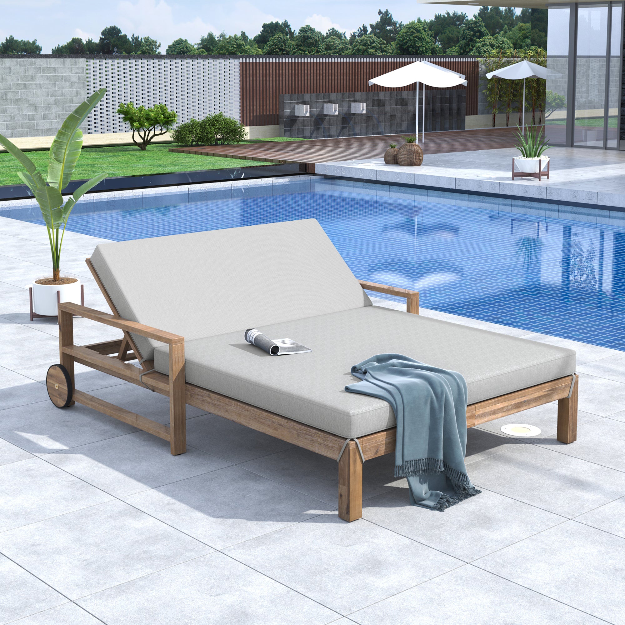 Farmhouse Style Wooden Outdoor Sunbed - 2 Person Daybed for Poolside, Garden & Backyard - Weather-Resistant Grey Wood Lounge Chair - Perfect for Relaxing, Sunbathing & Outdoor Lounging
