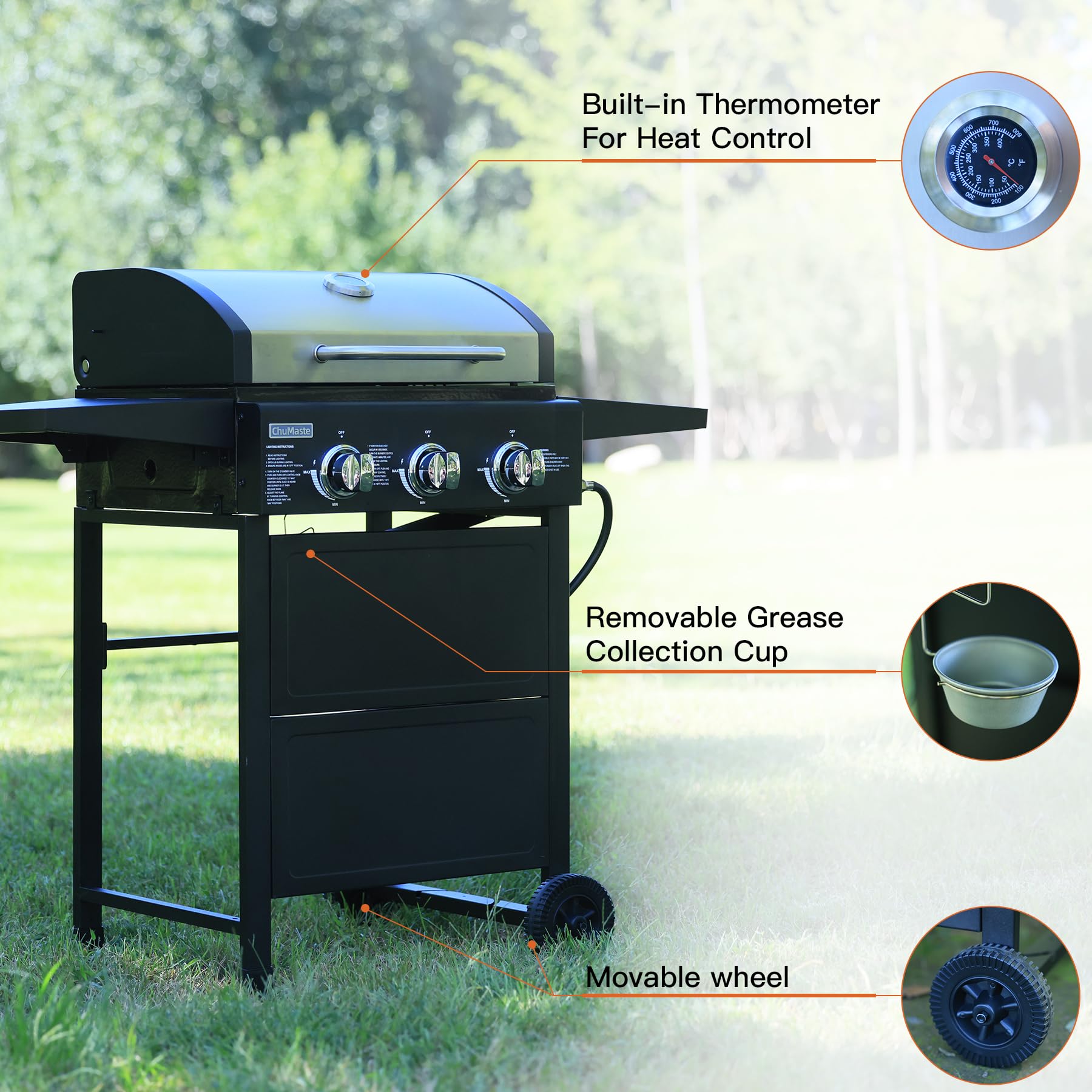 3 Burner Propane Gas Grill - 30,000 BTU Outdoor BBQ Grill with Thermometer & Foldable Rack - Perfect for Small Gatherings, Backyard Cookouts, and Patio Parties