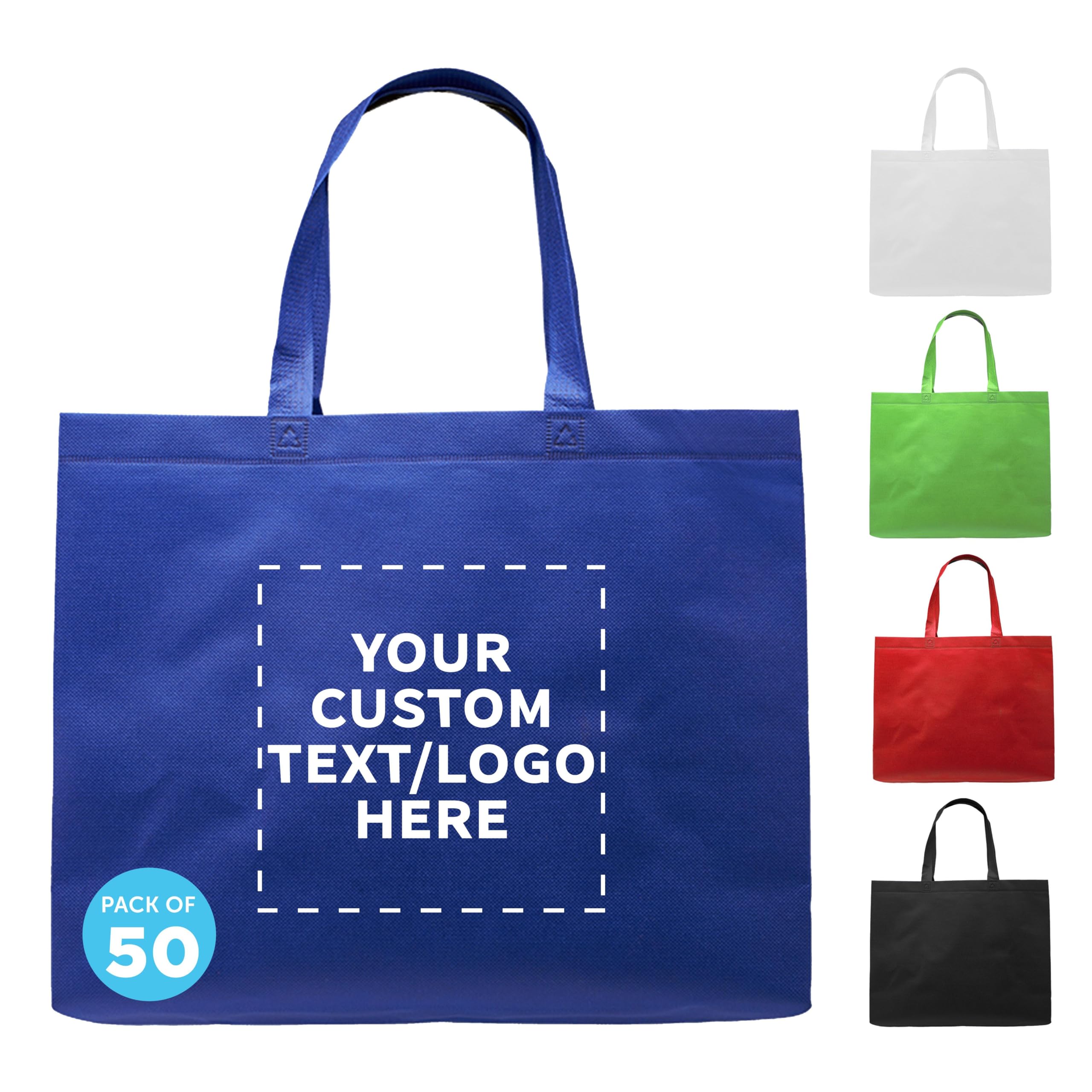 Custom Jumbo Reusable Tote Bags Bulk Set of 50 - Personalized Grocery Shopping Bags for Women, Promotional Items - Blue | Eco-Friendly Shopping, Grocery Hauling, Trade Show Giveaways & Branded Merchandise