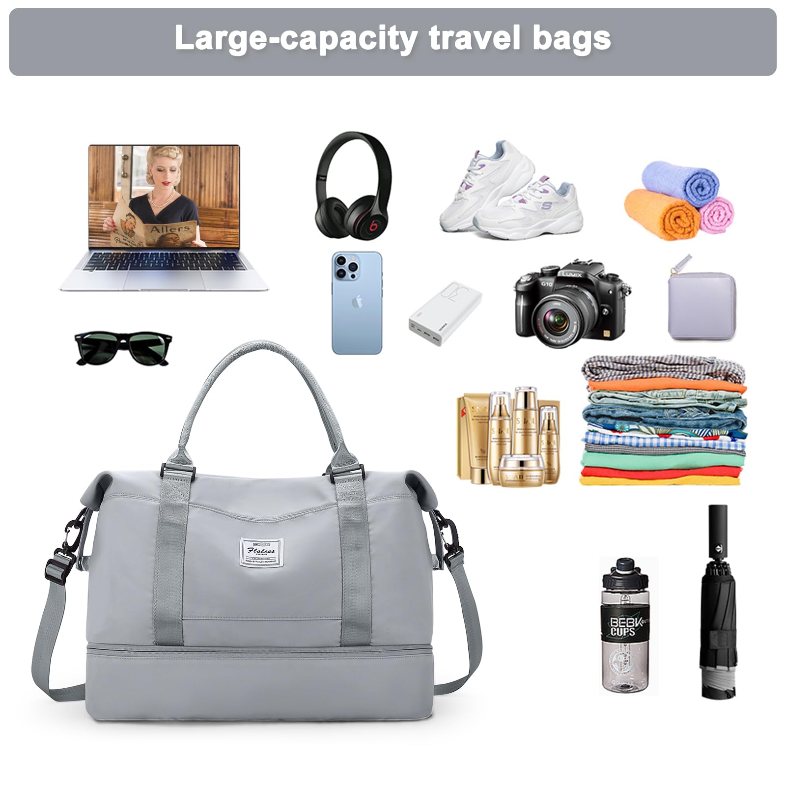 HYC00 Women's Travel Weekender Bag with Shoe Compartment & Wet Pocket - Perfect for Gym, Overnight Trips & Hospital Use - Light Grey Carry-On Luggage