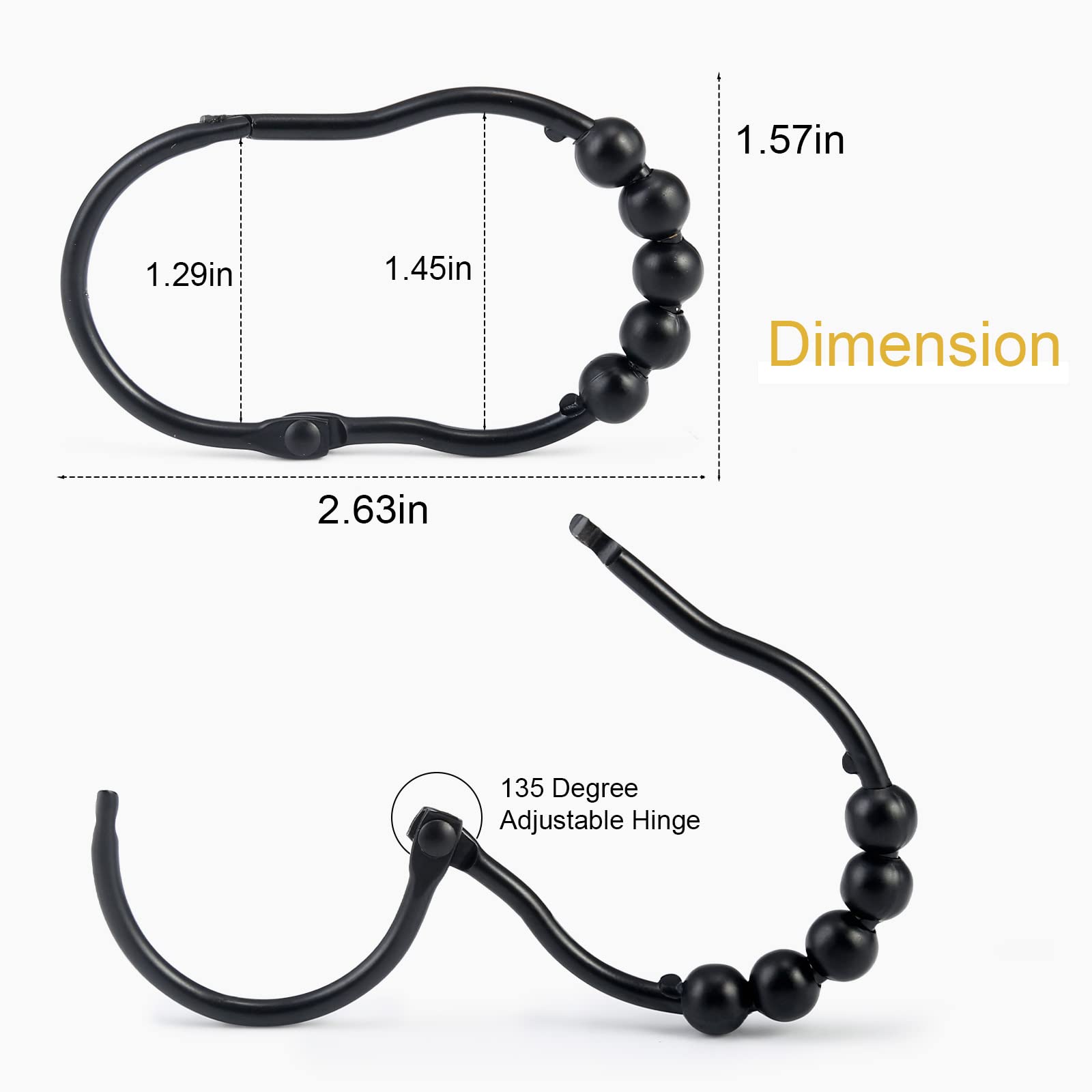 SUTINE 12PCS Stainless Steel Shower Curtain Hooks with Snap Closure - Rustproof Matte Black Roller Glide Rings for Bathroom, Shower Rod & Curtain - Perfect for Home, Hotel, and Apartment Bathroom Decor
