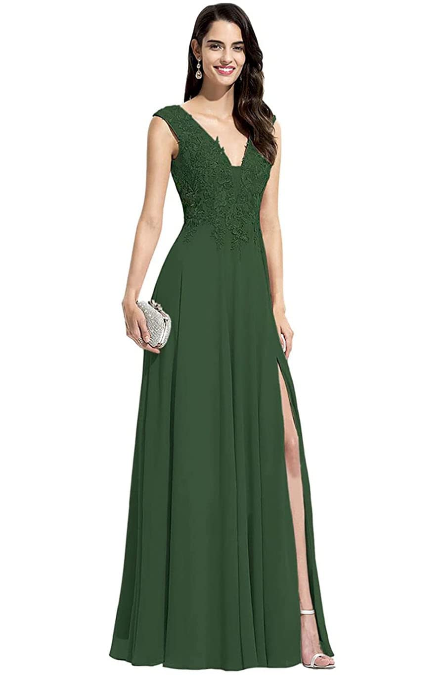 Elegant V-Neck Chiffon Bridesmaid Dress with Lace Appliques - A-Line Long Formal Gown with Slit for Weddings, Parties & Special Occasions