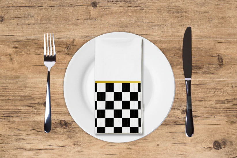 Premium Disposable Linen-Like Paper Guest Towels - 16 Pack Black Checkered Pattern - Perfect for Weddings, Parties & Upscale Events