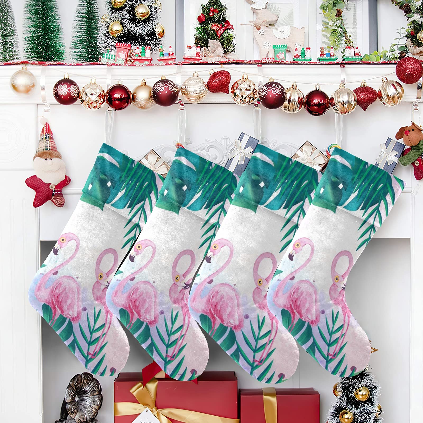Pink Flamingo & Palm Tree Christmas Stockings - Large Family Holiday Stocking for Adults, Kids, Babies & Pets - Perfect for Girls, Boys & Xmas Decorations - Ideal for Fireplace Mantel, Gift Exchange & Festive Home Decor