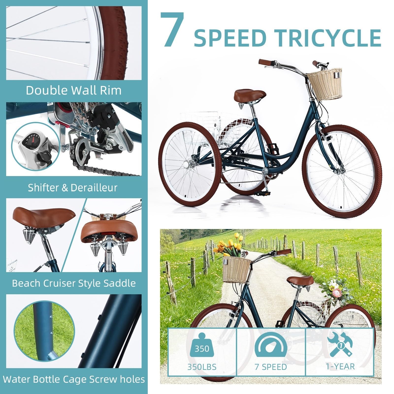 **7-Speed Adult Tricycle for Men & Women - 20/24/26 Inch 3-Wheel Bike with Basket - Comfortable Cruiser Trike for Seniors & Adults - Perfect for Grocery Shopping, Leisure Rides & Outdoor Exercise**