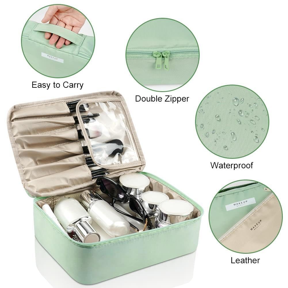 Aucuu Large Waterproof Makeup Bag for Women - Travel Cosmetic Organizer with Multiple Pockets, Portable Makeup Case for Girls (Green) - Perfect for Travel, Gym, Daily Use & Gift Giving