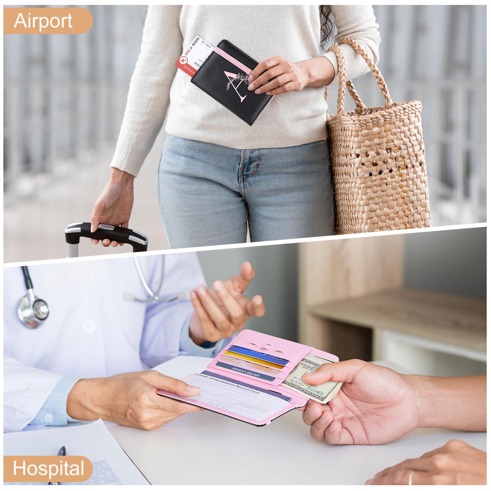 Premium FIODAY RFID Blocking Passport Cover - Leather Alphabet Passport Holder for Women with Pen Holder | Travel Essentials for International Flights, Vacations & Business Trips | Pink A