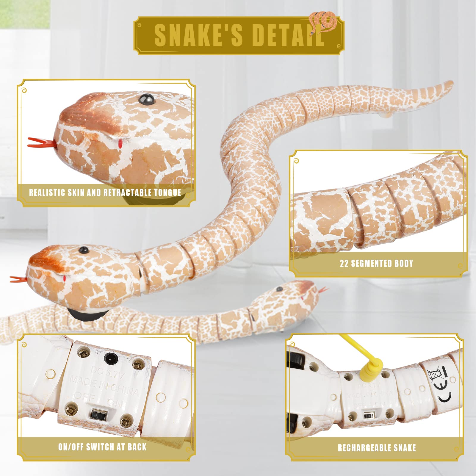 Ufurty Rely2016 Realistic Remote Control RC Snake Toy - Fast Moving Simulation Rattlesnake Robotic Toy with USB Rechargeable Battery & Snake-Egg Controller - Scary Trick Toy for Kids Outdoor Play, Halloween Prank, and Party Fun