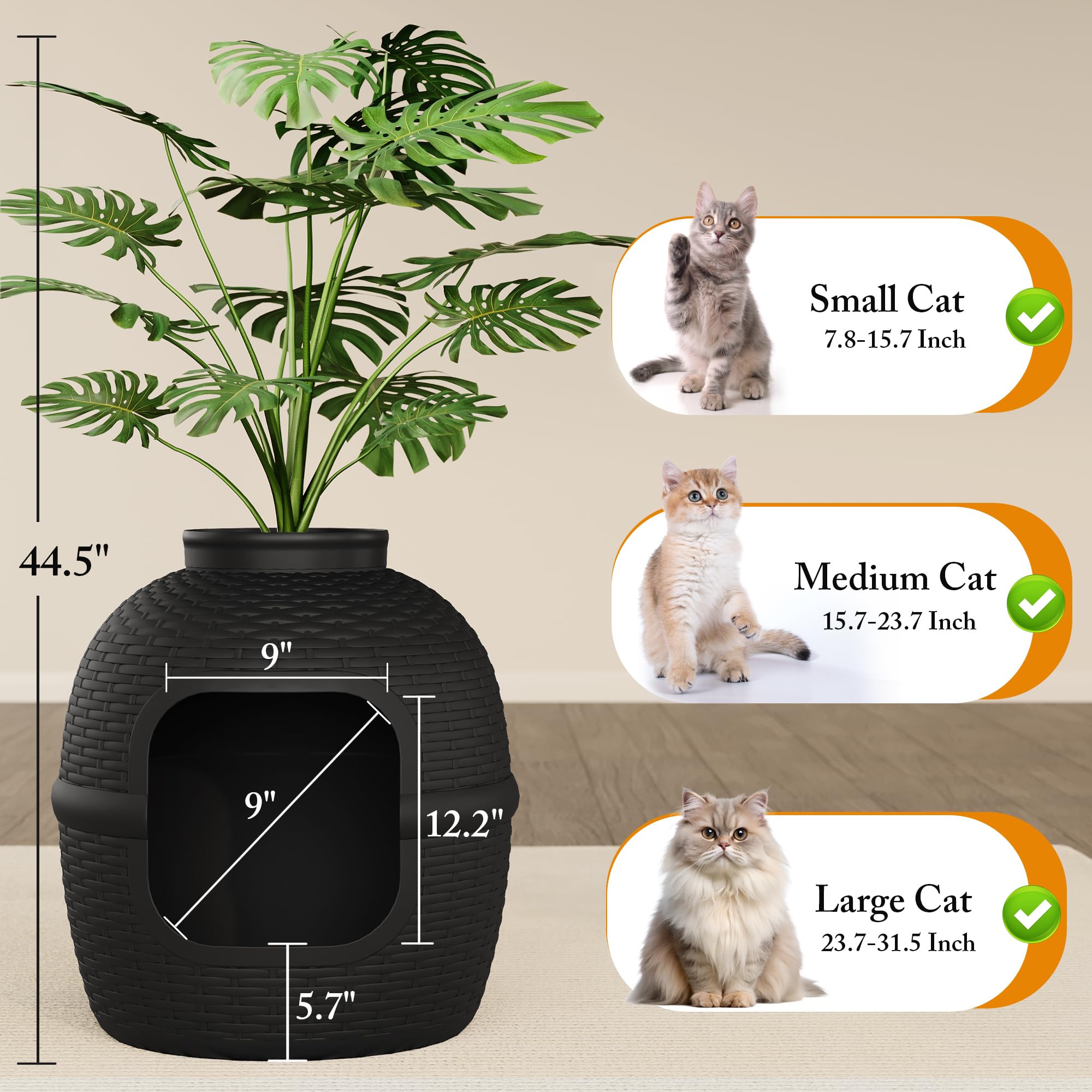 Hidden Cat Litter Box with Faux Plant - Large Rattan Pattern Litter Box Enclosure - Durable PP Material Pet Furniture for Home Decor (Black) - Perfect for Small Spaces & Discreet Cat Litter Solutions