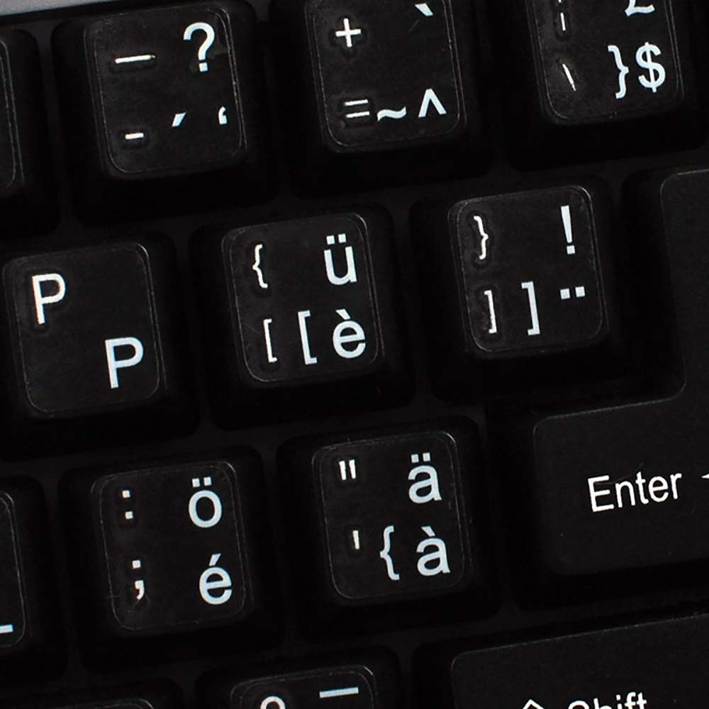 Swiss Keyboard Stickers - Transparent Background with Blue, Red, White or Yellow Letters (White) - Perfect for MacBook, Laptop & Mechanical Keyboards - Enhance Typing Experience for Programmers & Multilingual Users