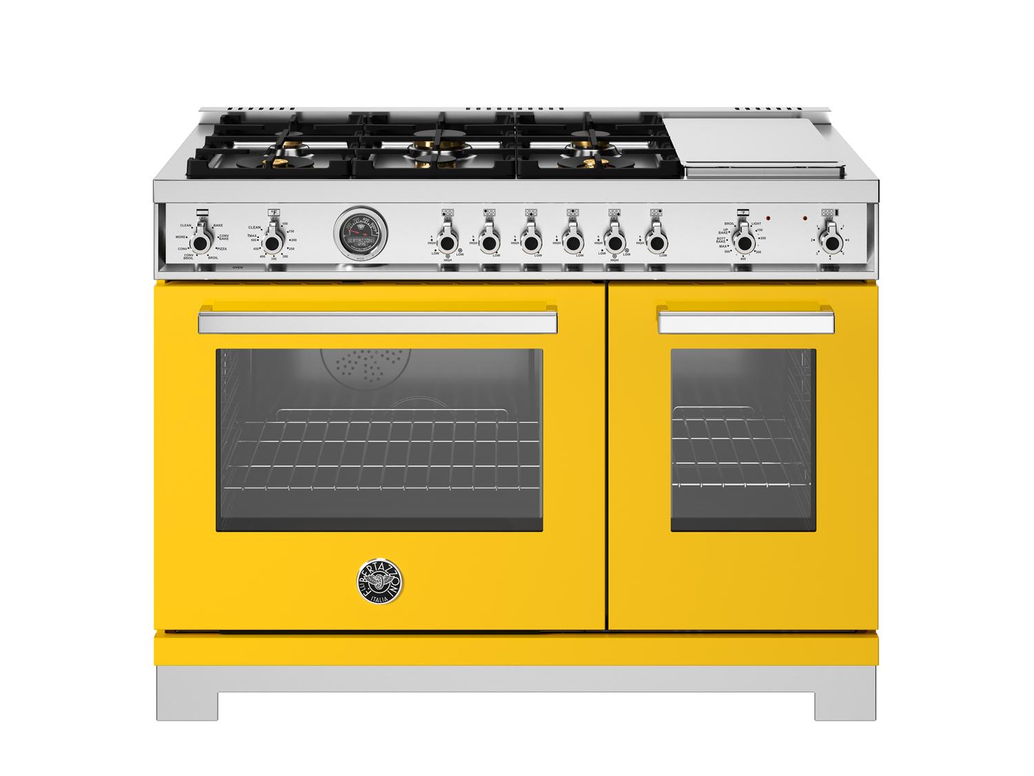 Bertazzoni PRO486BTFEPGIT 48 Inch Dual Fuel Professional Range with 6 Brass Burners & Griddle - Electric Self-Cleaning Oven in Giallo Yellow - Perfect for Home Chefs & Commercial Kitchens
