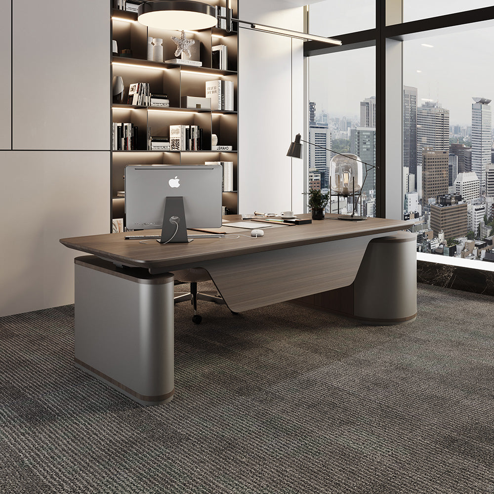 LUCA Electric Height Adjustable Sit Stand Desk 240cm - Hazelnut & Grey Finish, Ergonomic Executive Office Desk with Reversible Return for Home & Workspace