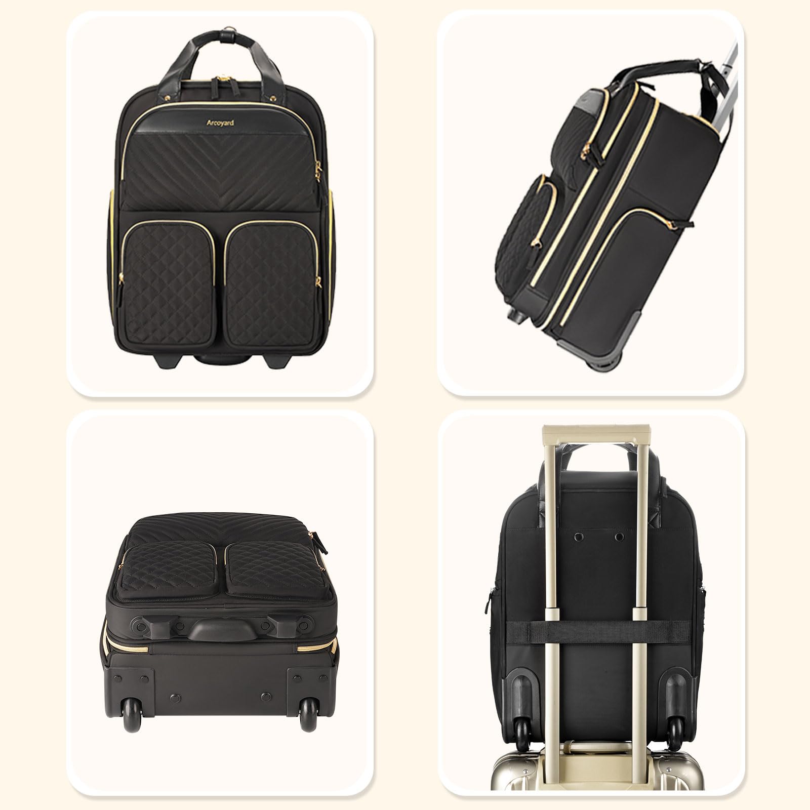 Airline Approved Underseat Carry On Luggage with Wheels - Lightweight Rolling Suitcase with Multiple Compartments & Leather Handle - Perfect Personal Item Bag for Women in Black Gold (Size L) - Ideal for Business Travel, Weekend Getaways & Airplane Cabins