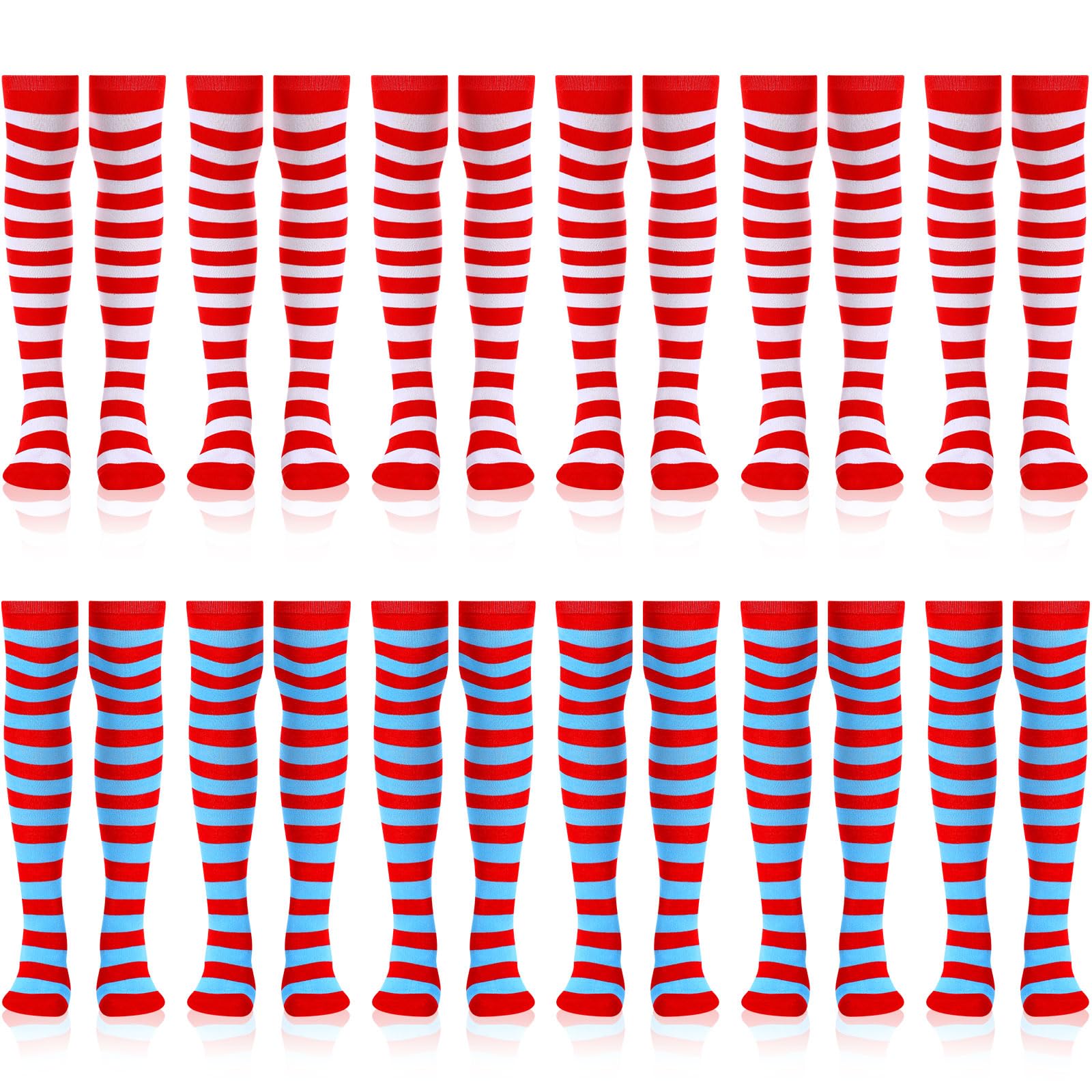 12 Pairs Women's Striped Over Knee Thigh High Socks - Christmas Knit Long Stockings for Party, Costume & Cosplay - Perfect for Holiday Gifts, Winter Fashion & Festive Outfits