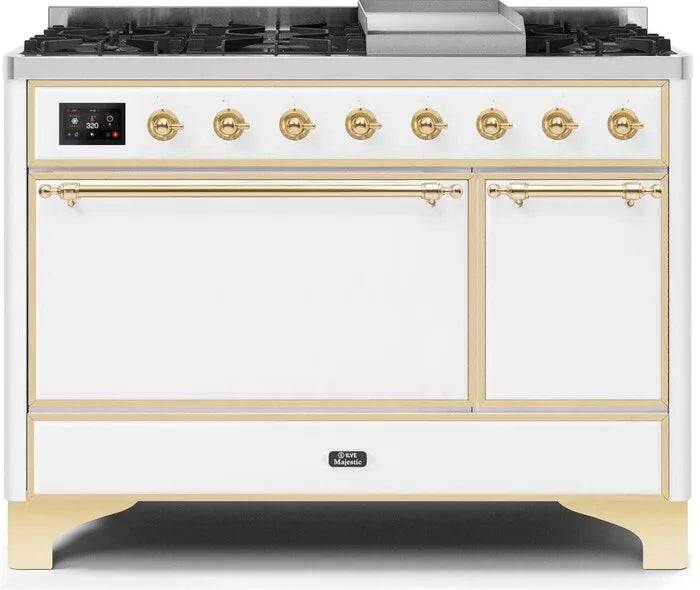 ILVE Majestic II 48-Inch Dual Fuel Range in White with Brass Trim - Professional Gas & Electric Stove for Home Kitchens | Perfect for Baking, Roasting & Gourmet Cooking