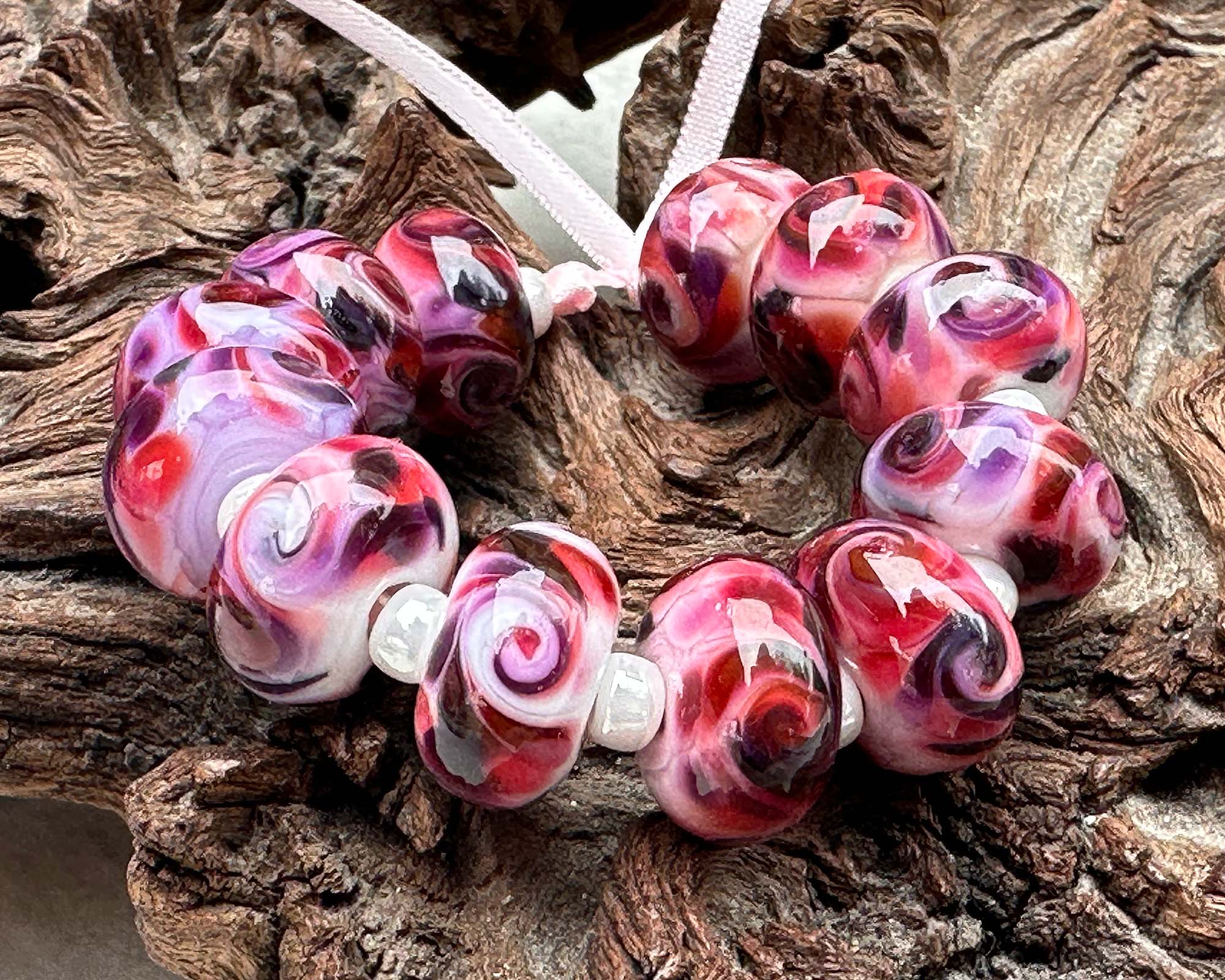 12pcs Cherry Bliss Mosaic Lampwork Glass Beads Set for Jewelry Making - DIY Bracelet, Necklace & Craft Projects - Handmade Artisan Beads for Boho & Fashion Accessories