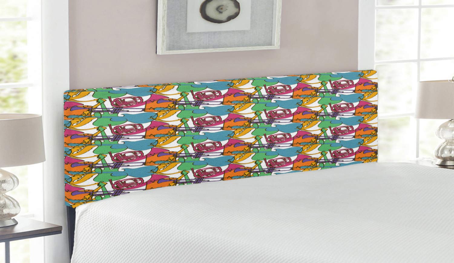 Ambesonne Jazz Music Upholstered Headboard - Abstract Retro Style with Colorful Musical Instruments, Memory Foam Queen Size Bed Headboard for Bedroom Decor | Perfect for Jazz Lovers & Music-Themed Rooms