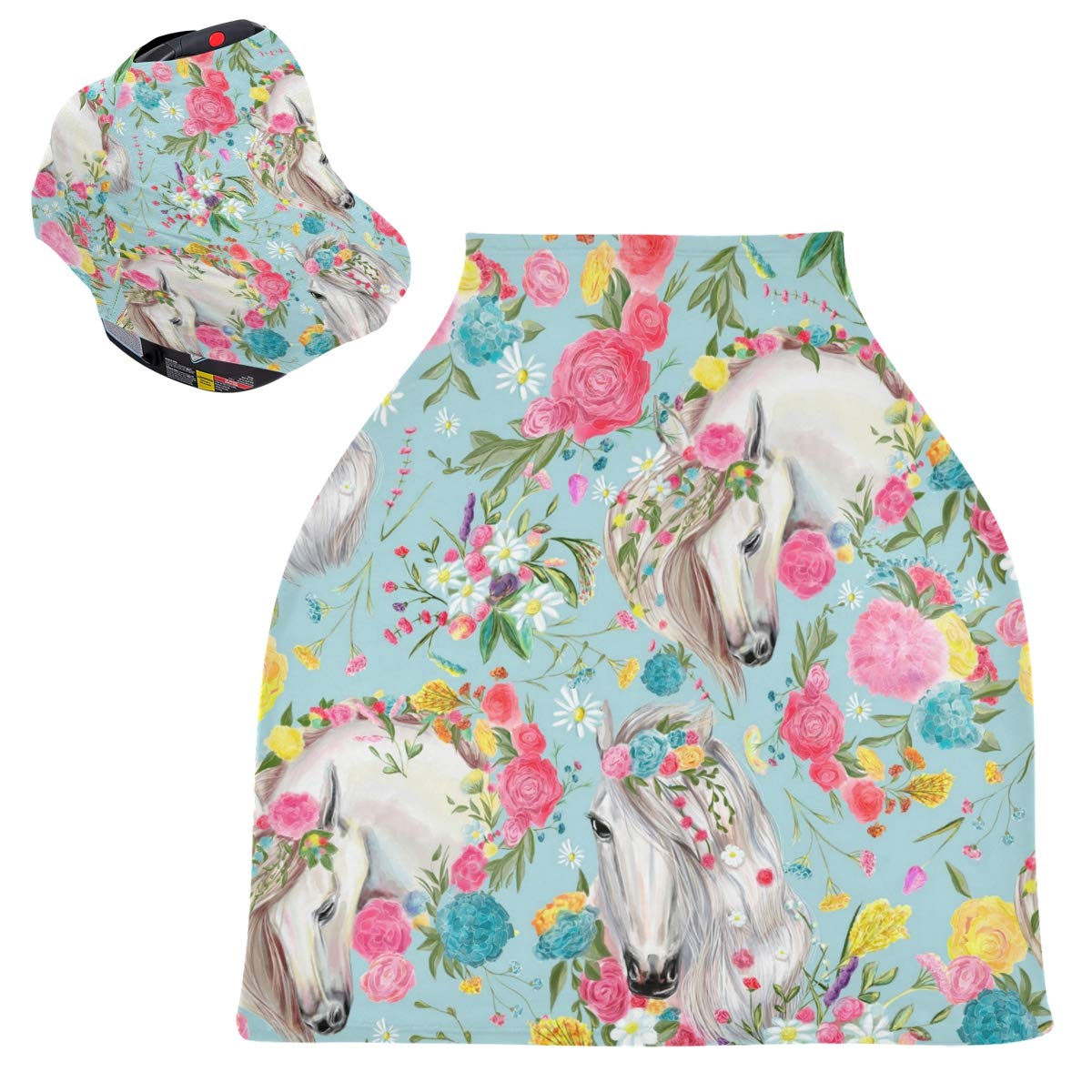 Horse & Flower Baby Car Seat Cover - Soft, Breathable & Stretchy Nursing Cover for Breastfeeding - Universal Stroller Cover for Boys & Girls - Perfect for Travel, Shopping & Outdoor Activities