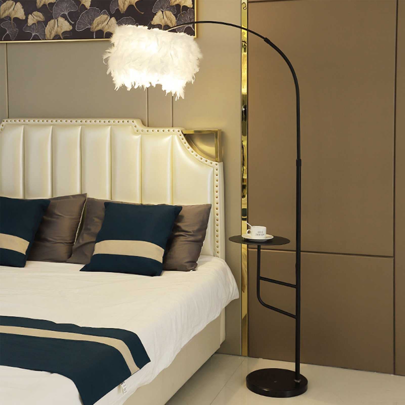 Adjustable Height White Feather Floor Lamp with Side Table - Modern Nordic Style Living Room Lighting for Bedroom, Office & Reading Nook