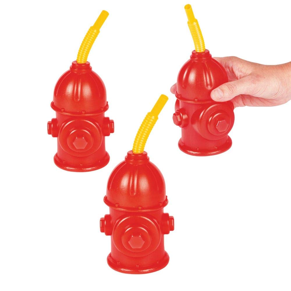 Fun Express 8-Pack Reusable 9 oz BPA-Free Plastic Straw Fire Hydrant Cups with Lids - Fire Truck Party Supplies & Firefighter Birthday Party Favors for Kids (Red) - Perfect for Firefighter Themed Parties, School Events & Emergency Services Celebrations
