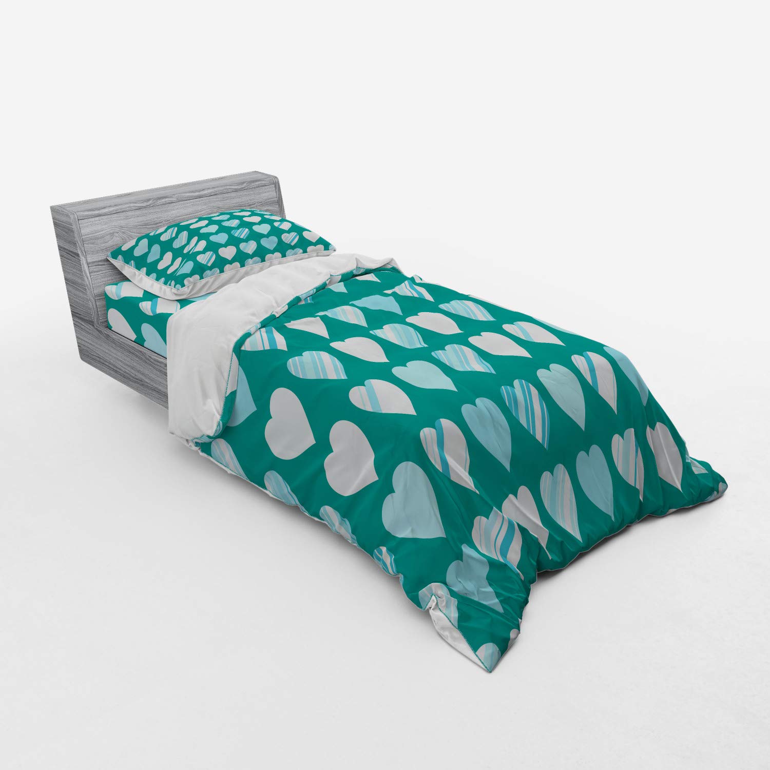 Ambesonne Romance Duvet Cover Set - Heart Lovers Design, 3-Piece Bedding Set with Pillow Sham & Fitted Sheet, Twin Size, Jade Green Seafoam Cream | Perfect for Valentine's Day, Anniversary Gifts & Couples Bedroom Decor