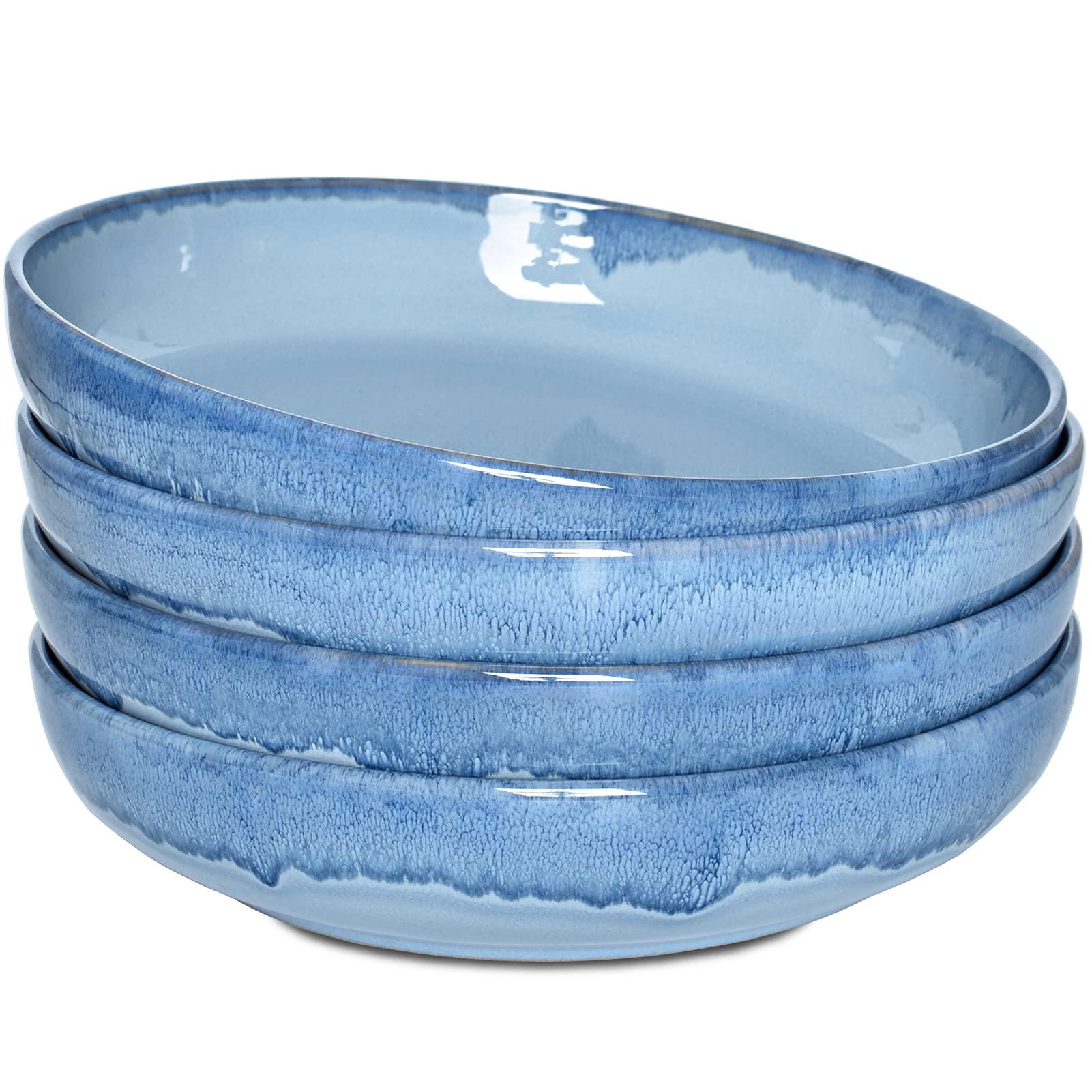 Bosmarlin 40 Oz Stoneware Pasta Bowls Set of 4 - Large Microwave & Dishwasher Safe Salad Bowls for Pasta, Soup, Salad (Light Blue, 9.3 Inch) - Perfect for Family Dinners, Entertaining & Everyday Use
