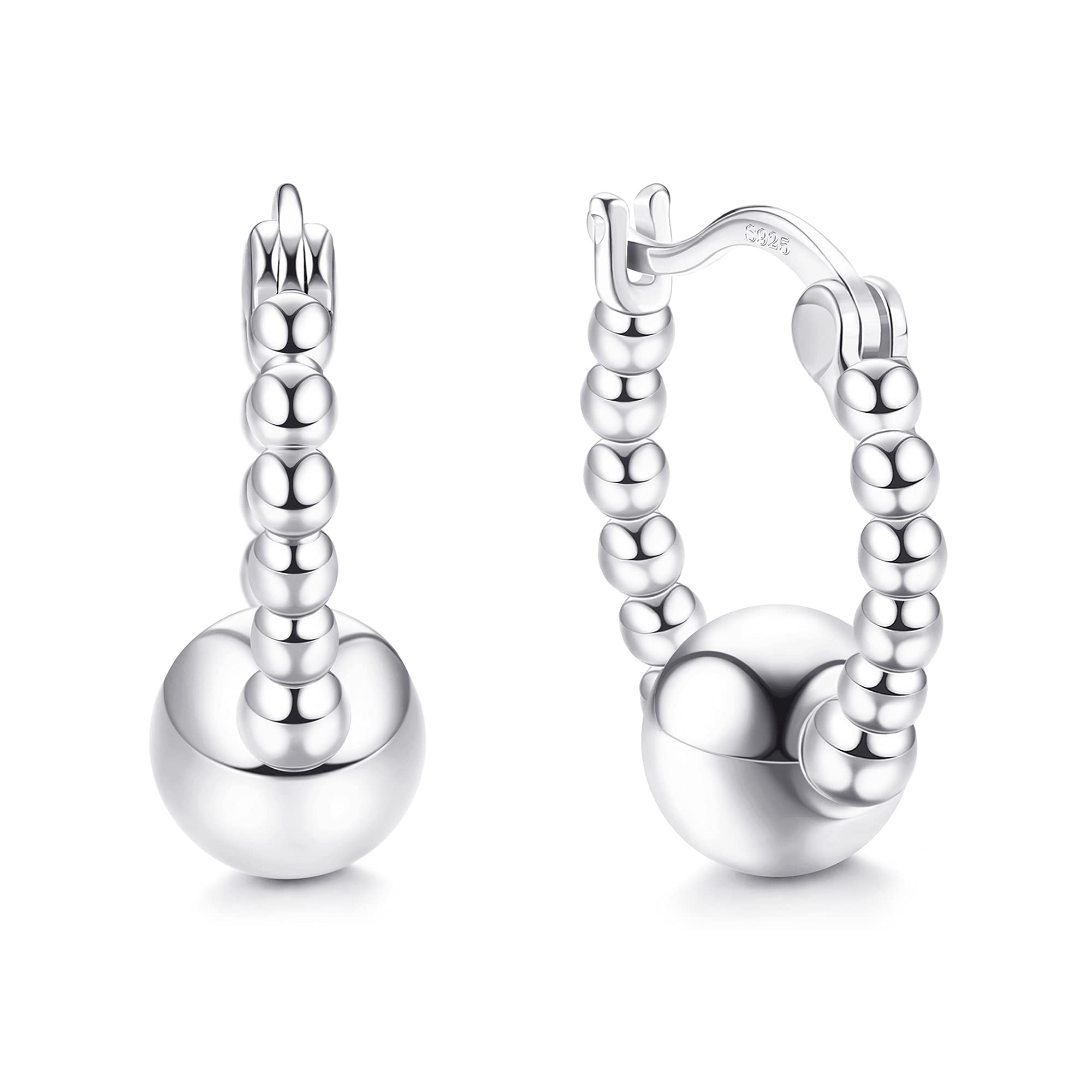 14K Gold Plated CZ Huggie Hoop Earrings for Women - 925 Sterling Silver Beaded Hoops with White Gold Finish - Small Bead Ball Earrings for Everyday Wear & Special Occasions
