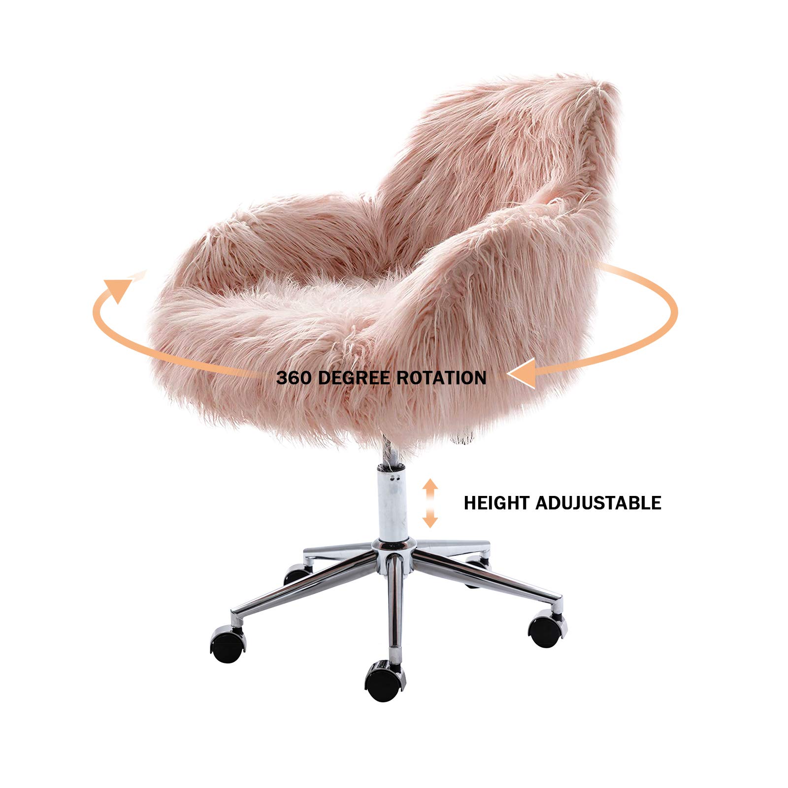 Elegant Pink Faux Fur Vanity Chair with Wheels - Modern Comfy Makeup Desk Chair for Girls & Women - Perfect for Bedroom, Living Room & Dressing Room Decor
