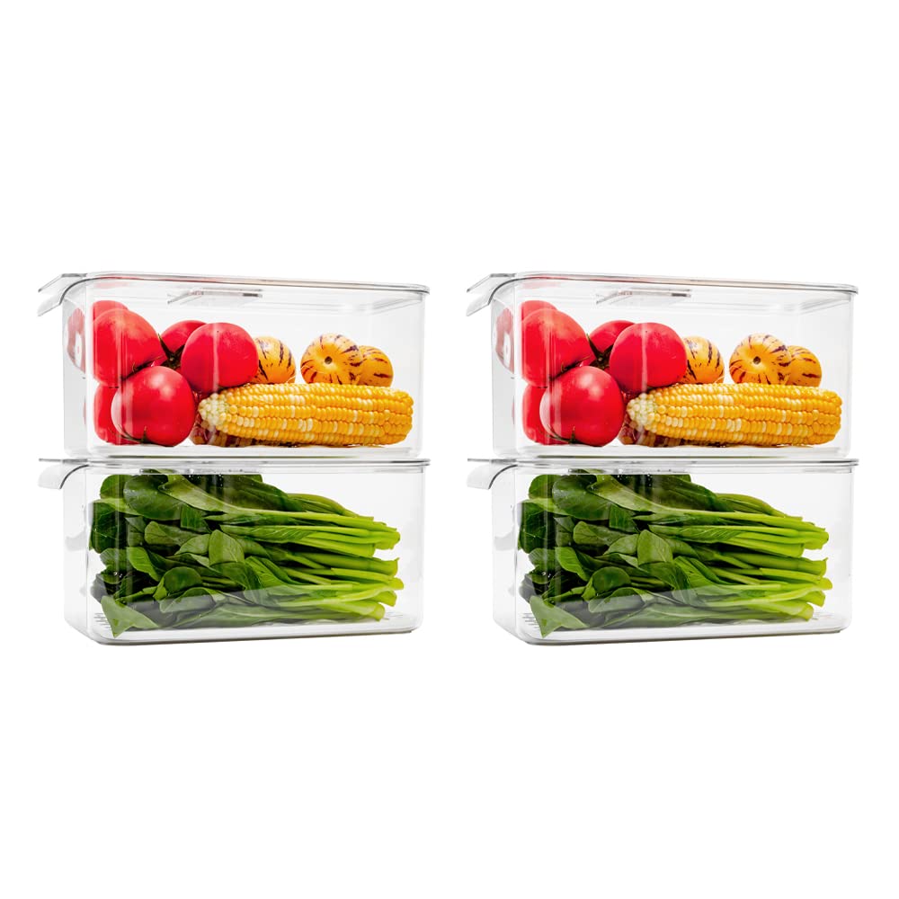 Clear 5700ML Refrigerator Organizer Set of 4 - Fridge Food Storage Containers with Lids & Drain Plate for Vegetables, Fruits, Lettuce | Perfect for Meal Prep & Fresh Produce Organization