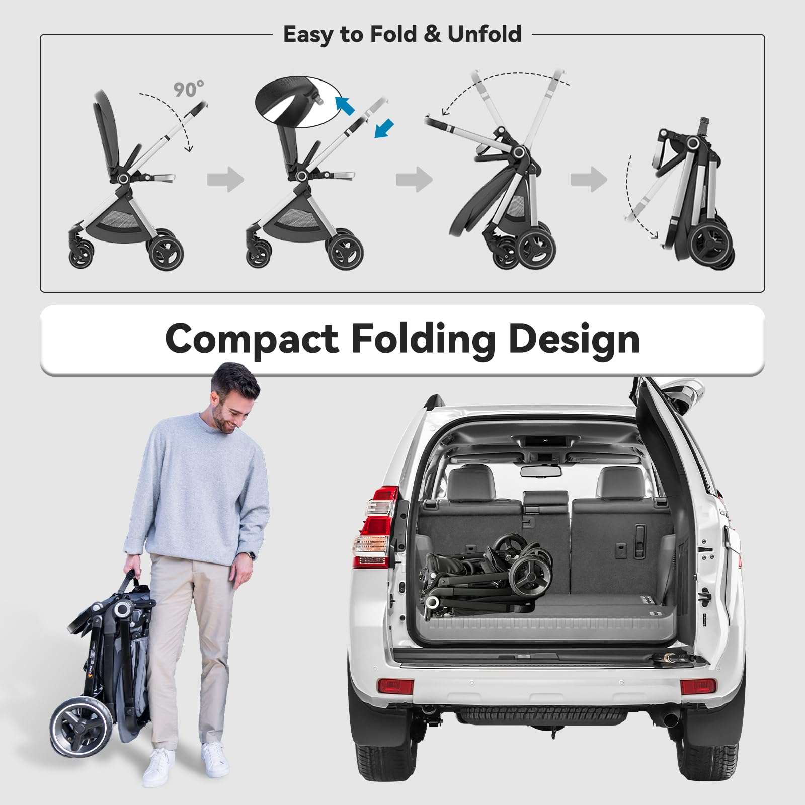 EMU Reversible Baby Stroller - Full-Size Infant Stroller with Reversible Seat & Full Recline | Compact Foldable Pram Carriage for City & Outdoor Use | Perfect for Shopping, Travel & Daily Walks (Black)