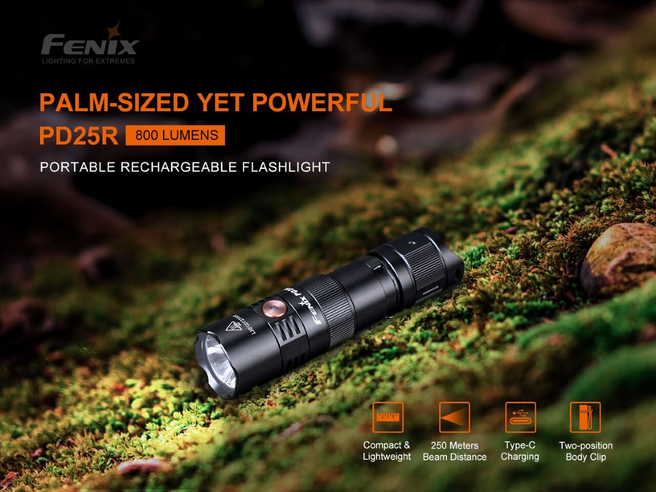 Fenix PD25R Rechargeable LED Flashlight 1000 Lumens, Compact Tactical Flashlight with USB-C Charging - Perfect for Camping, Hiking & Emergency Use