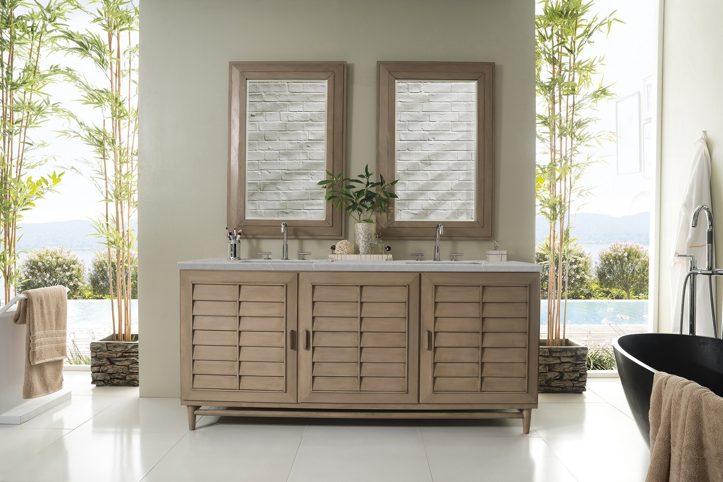 Portland 72 Inch Double Vanity with Whitewashed Walnut Finish and 3CM Eternal Serena Quartz Countertop - Perfect for Bathroom Renovation & Modern Home Decor