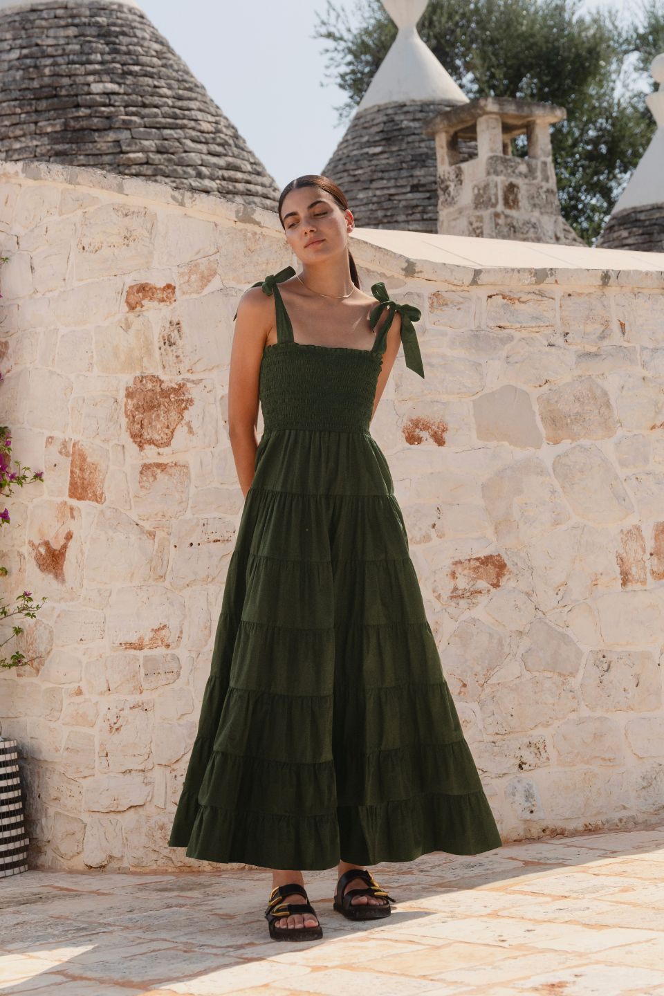 Isabella Khaki Cotton Poplin Strappy Tiered Maxi Dress for Women - Summer Boho Beach Dress for Vacation, Wedding & Outdoor Events
