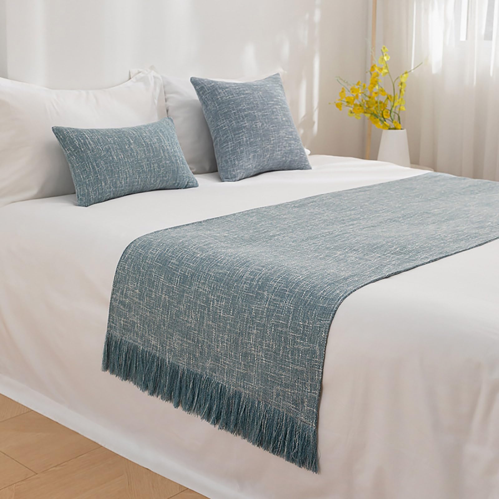 Premium Cotton Linen Bed Runner - Solid Color Decorative Bed Scarf with Elegant Tassels | Textured Bed Throw Protector for Hotels, Weddings & Guestrooms | King Size 19x94 Inches in Blue | Perfect for Bedroom Decor, Luxury Bedding & Special Occasions