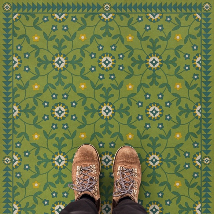 Folk Art Museum Whig Rose Vinyl Floor Cloth - Vintage Inspired Washable Rug for Kitchen, Entryway & Home Decor - 'We Have Only Today' Design
