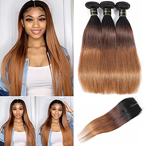 Brazilian Straight Human Hair Bundles with 4×1 Lace Closure - 100% Remy Hair 3-Tone Ombre (T1B/4/30) - 14