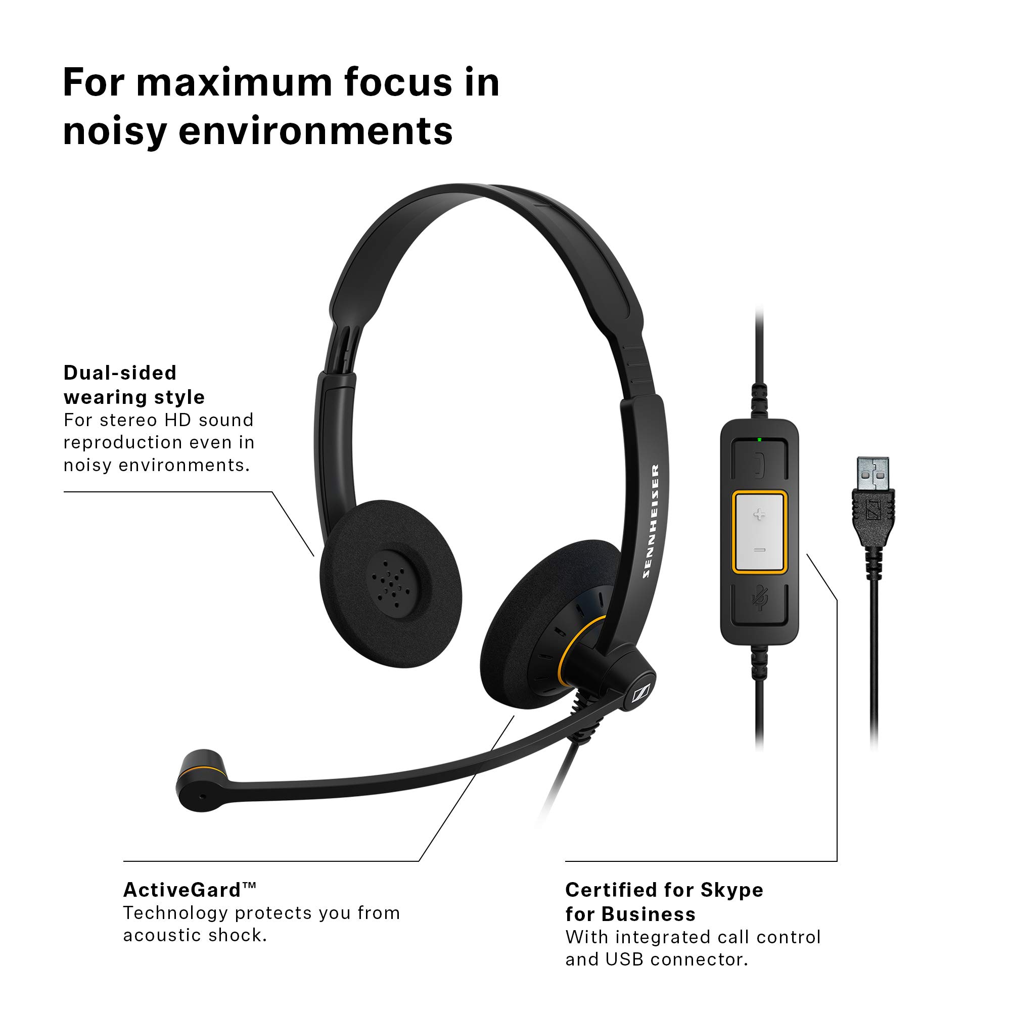 Sennheiser SC 60 USB ML Dual-Sided Business Headset with Noise Cancelling Mic & USB Connector (Black) | Includes HZP 31 SC 200 Leatherette Ear Pads for Circle/Culture Series (2-Pack) | Perfect for Call Centers, Remote Work & Online Meetings