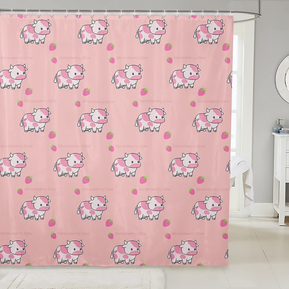 Adorable Cartoon Cow & Strawberry Print Waterproof Shower Curtain - 72x72 Inch Pink Girly Bathroom Decor with Farm Animal Theme | Perfect for Kids' Bathroom, Nursery, or Kawaii Style Home Decor