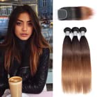 10A Ombre Brazilian Human Hair Bundles with Closure (14 16 18 + 12 Inch) - 3 Bundles Straight Remy Hair Weave in 3-Tone Black to Brown to Auburn - 100g/Bundle for Natural Look & Daily Styling