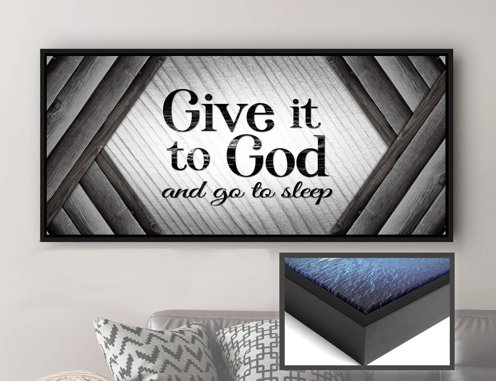Give It to God and Go to Sleep Christian Wall Art - Large Religious Farmhouse Sign with Grey & Black Floating Frame (42x19) - Perfect for Master Bedroom, Living Room & Prayer Space Decor